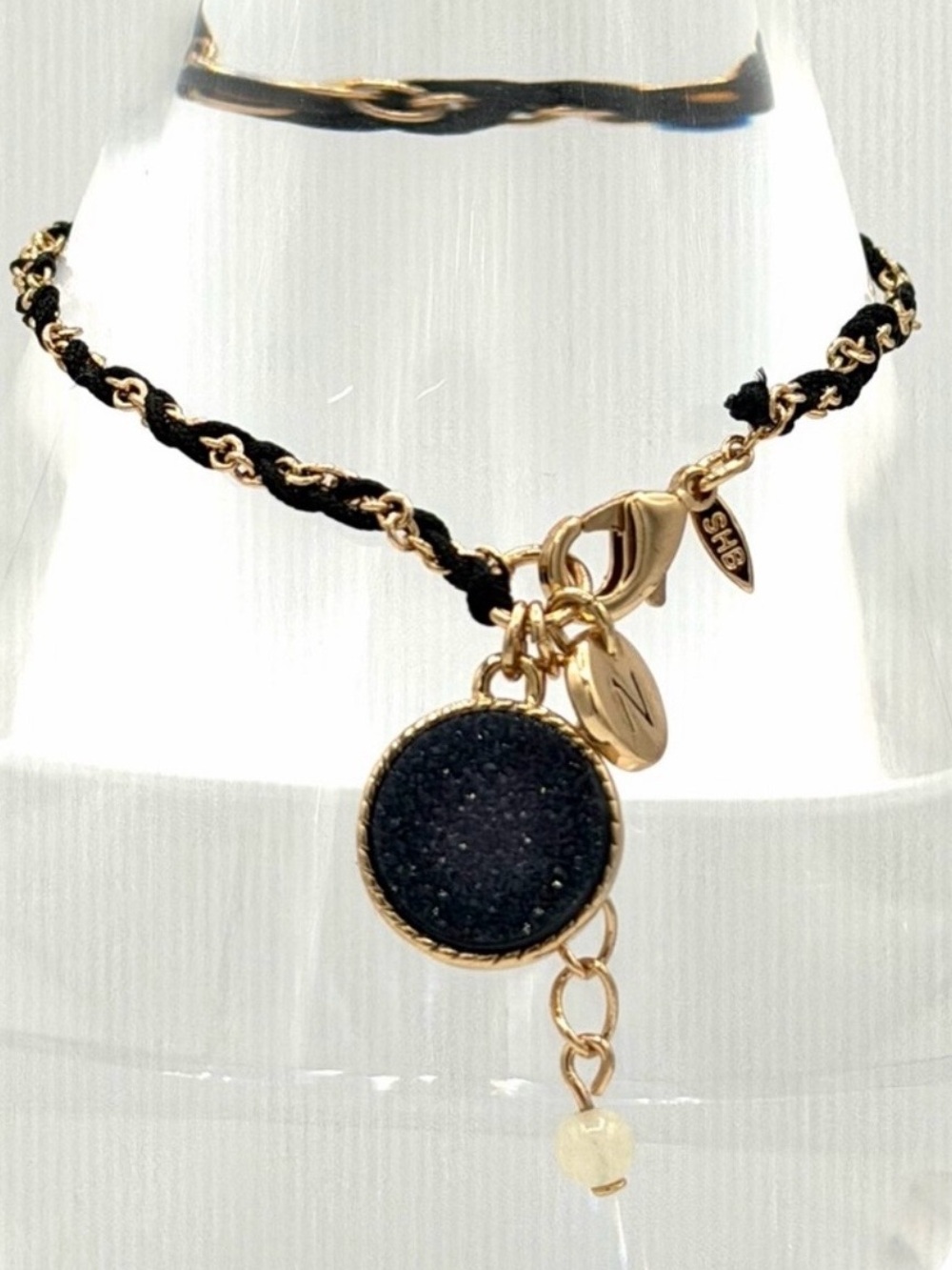 SHB SHOFEL BROS Black Druzy Letter “N” Charm Gold Tone Bracelet Woman’s Jewelry